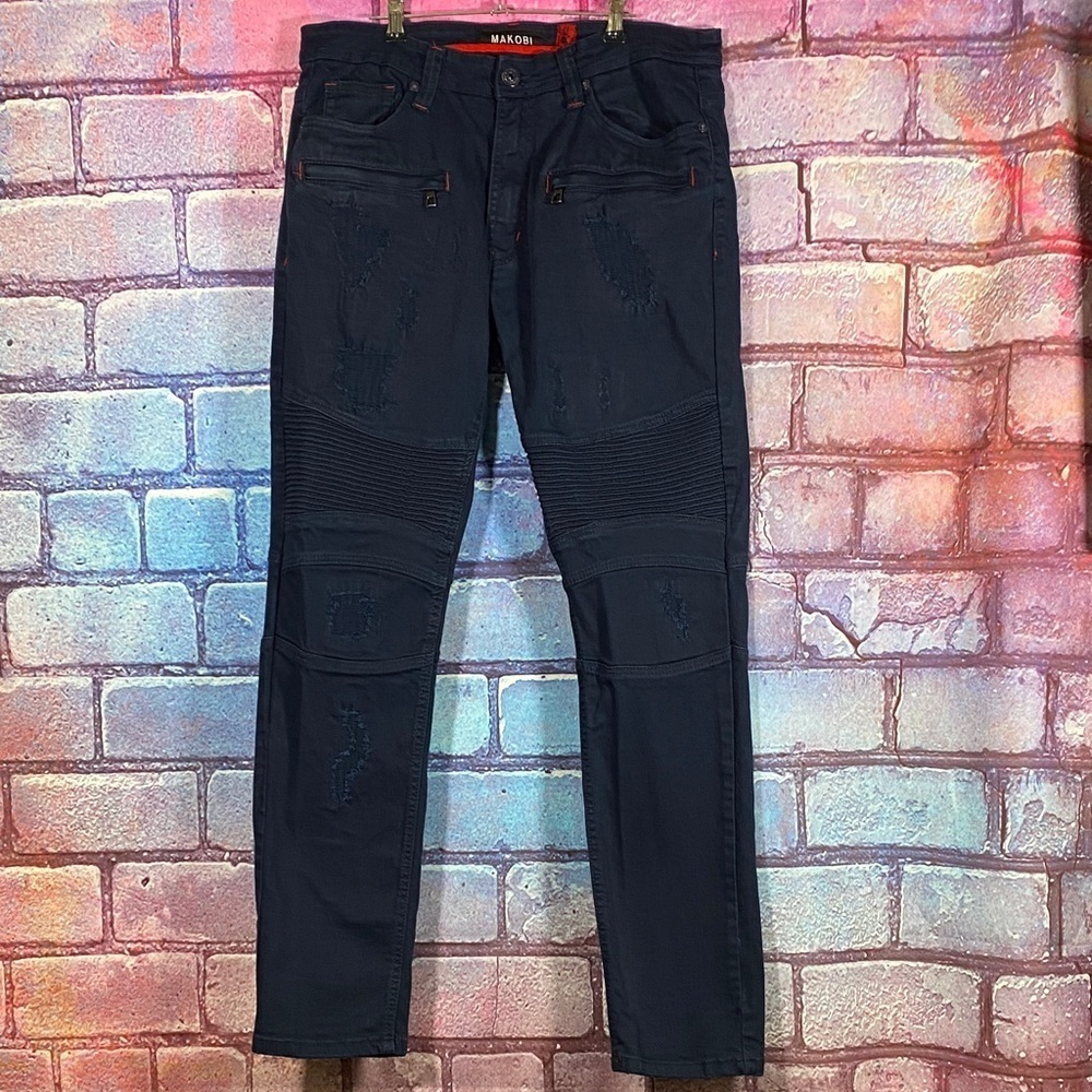 Makobi Moto Jeans 36x34 Navy Mens Distressed Slim Fit Biker Denim Pants Stretch